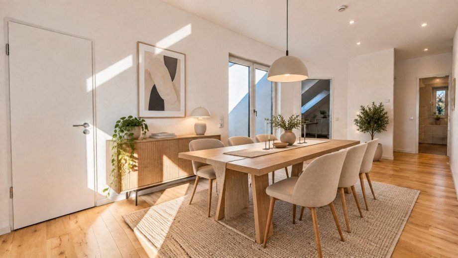 Einrichtungsvorschlag Esszimmer KI generiert Dachgeschosswohnung Wagh�usel / Kirrlach