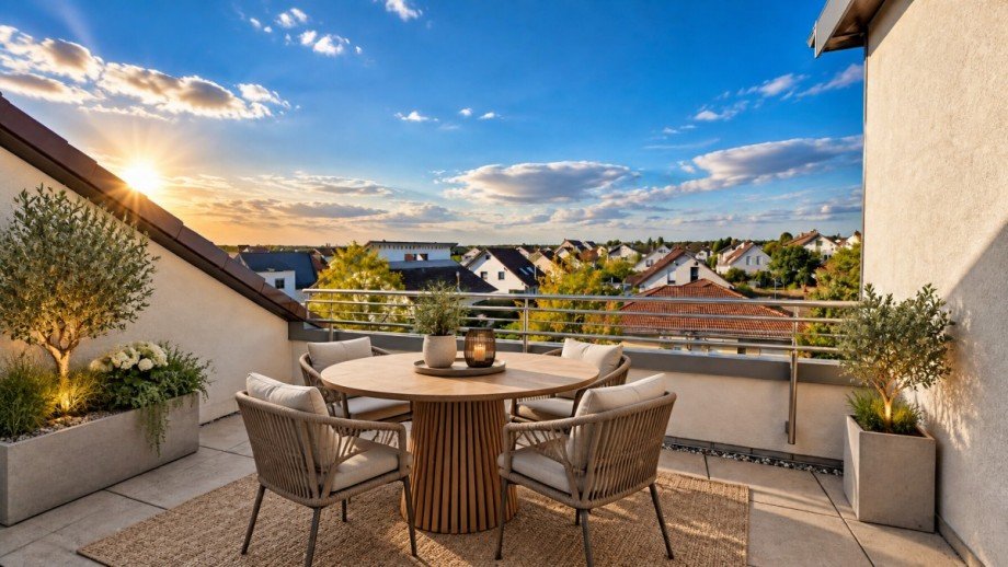 M�blierungsvorschlag Terrasse KI generiert Dachgeschosswohnung Wagh�usel / Kirrlach