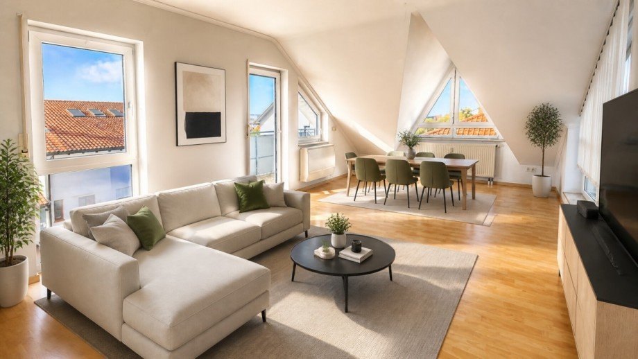 M�blierungsvorschlag Wohnzimmer KI generiert Dachgeschosswohnung �stringen