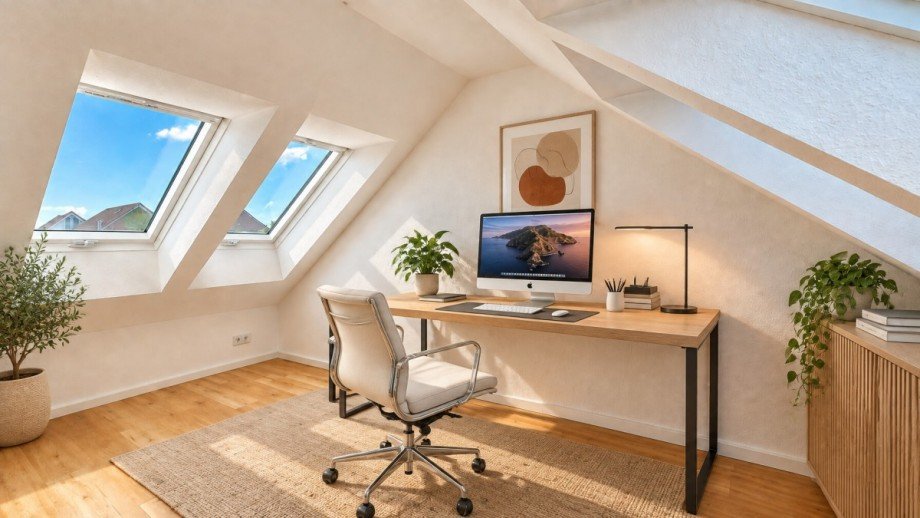 Einrichtungsvorschlag Arbeitszimmer KI generiert Dachgeschosswohnung Wagh�usel / Kirrlach