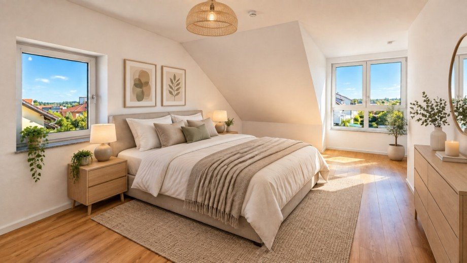 Einrichtungsvorschlag Schlafzimmer KI generiert Dachgeschosswohnung Wagh�usel / Kirrlach