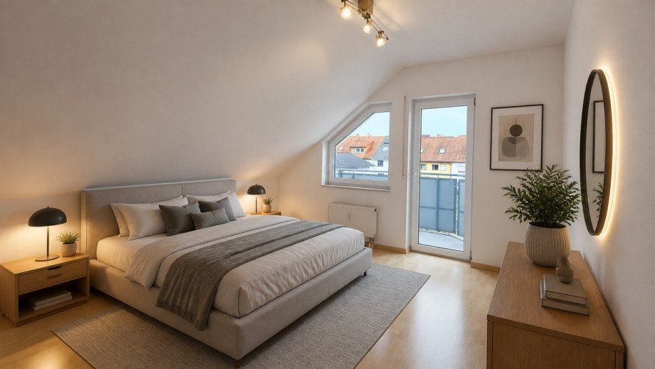 M�blierungsvorschlag Schlafzimmer KI generiert Dachgeschosswohnung �stringen