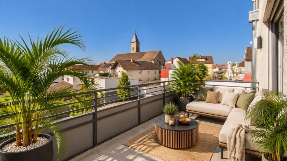 M�blierungsvorschlag Balkon KI generiert Etagenwohnung Kronau