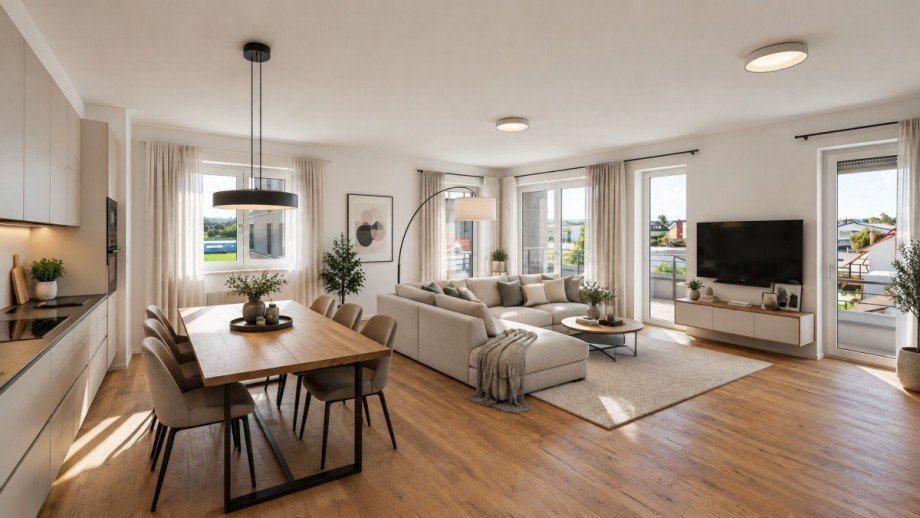 M�blierungsvorschlag Wohn/Esszimmer KI generiert Etagenwohnung Kronau