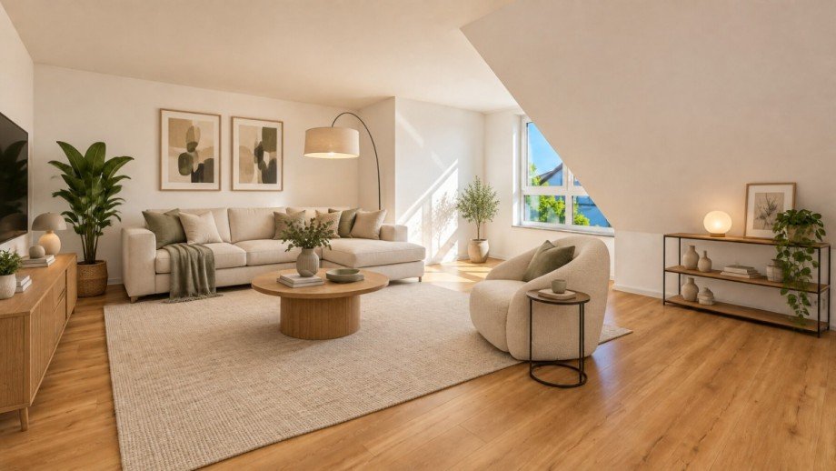 Einrichtungsvorschlag Wohnzimmer 2 KI generiert Dachgeschosswohnung Wagh�usel / Kirrlach
