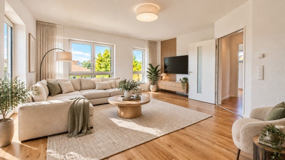 Einrichtungsvorschlag Wohnzimmer KI generiert Etagenwohnung Wagh�usel / Kirrlach